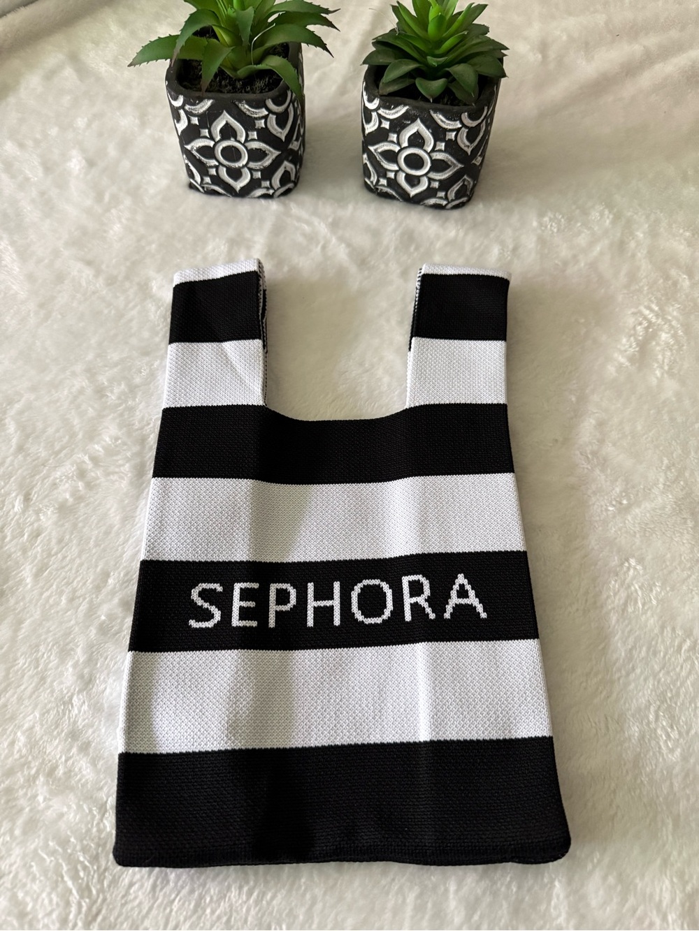 SEPHORA Limited Edition Knitted Black White Striped Mini Tote Bag